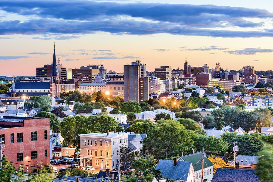 Contact - Aerial View of Portland, Maine Skyline at Dusk